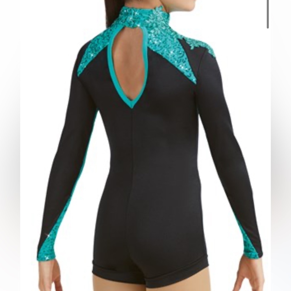 WEISSMAN SMALL TEAL BLACK BIKETARD DANCE COSTUME HALLOWEE GROUND NO DAMAGES